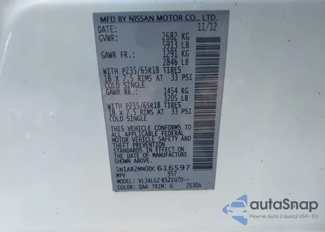 2013 Nissan Pathfinder Sl z USA, uszkodzony, nr VIN 5N1AR2MN0DC616597